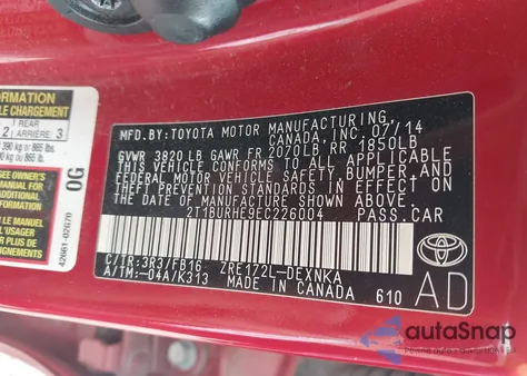 2014 Toyota Corolla Le from USA, damaged, VIN 2T1BURHE9EC226004